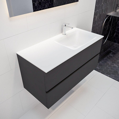 ENSEMBLE DE MEUBLE MONDIAZ VICA - 100cm - 2 tiroirs - lavabo Cloud à droite - 1 trou de robinet - solid surface gris foncé