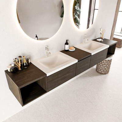 MONDIAZ BUKLA 240cm ensemble de meuble avec module ouvert 40 L+R couleur Marron foncé avec 3 tiroirs. Lavabo CLOUD double 2 trous de robinet couleur Talc.