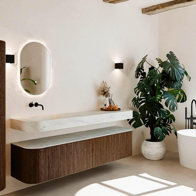 MONDIAZ THOR-DLUX 190cm badmeubel ronding links + rechts kleur Walnut met 2 lades en 2 deuren. Vrijhangende wastafel CLOUD Links zonder kraangat kleur Opalo.