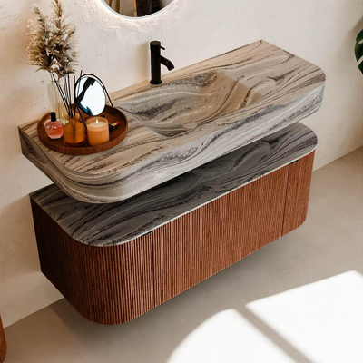 MONDIAZ THOR-DLUX 120cm meuble de salle de bains arrondi gauche + droite couleur Ruby avec 1 tiroir et 2 portes. Vasque suspendue CLOUD Milieu 1 trou de robinet couleur Sombra.