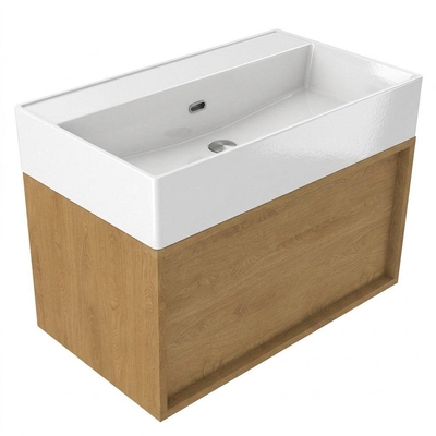 Saniclass Holz Frame Ensemble de meubles de salle de bains - 80x45x52cm - Legend lavabo en céramique blanc - 1 vasque - sans trou de robinet - 1 tiroir - chêne natural mat (bois)