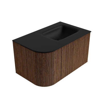 MONDIAZ KURVE 75cm Meuble salle de bain avec module 25 G - couleur Walnut - 1 tiroir - 1 porte - vasque GRUNNE droite - sans trous de robinet - Urban