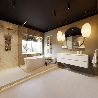 MONDIAZ VICA-DLUX Ensemble meuble de salle de bains - 150cm - meuble bas Talc - 2 tiroirs - lavabo encastré Cloud au milieu - sans trous de robinet - version haute 60cm - Frappe