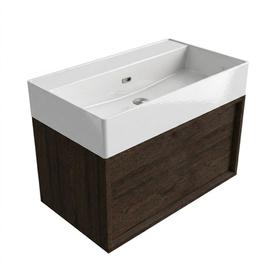 Saniclass Holz Frame Ensemble meuble de salle de bains - 80x45x52cm - lavabo Legend en céramique blanc - 1 vasque - sans trou de robinet - 1 tiroir - chêne charcoal mat (bois)