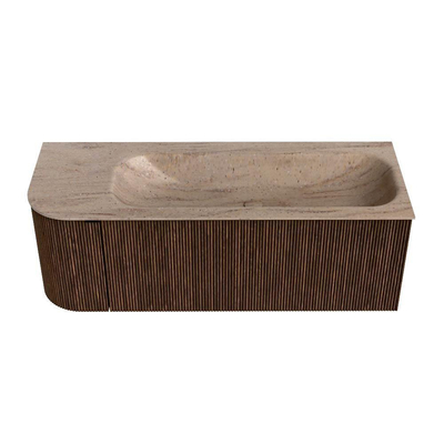 MONDIAZ KURVE-DLUX 125cm badmeubel ronding Links kleur Walnut met 1 lade en 1 deur. Wastafel BIG MEDIUM Rechts 1 kraangat Saba.