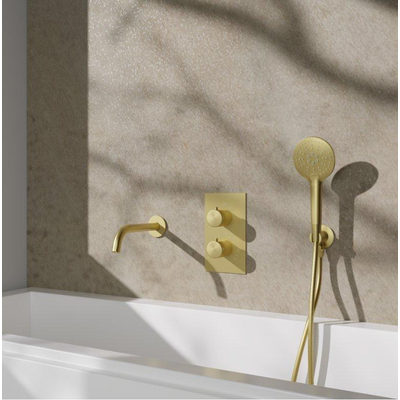 Fortifura Calvi Ensemble de robinet de baignoire - bec - 22cm réductible - flexible en métal - douchette ronde - partie encastrable - support mural - laiton brossé