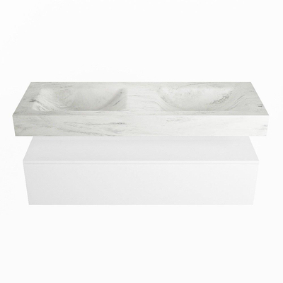 Mondiaz ALAN-DLUX Ensemble de meuble - 130cm - meuble Talc mat - 1 tiroir - Lavabo Cloud Opalo suspendu - vasque Gauche et droite - 2 trous de robinet