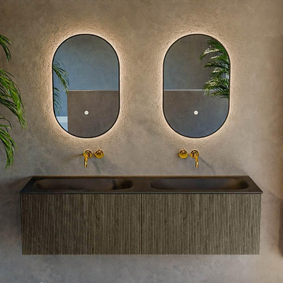 Mondiaz KURVE Ensemble de meuble salle de bain - 150x46x40cm - 2 tiroirs - lavabo en solid surface - double - sans trou de robinet - Shadow