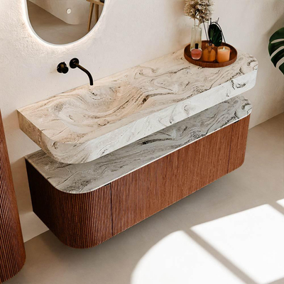 MONDIAZ THOR-DLUX 140cm meuble de salle de bains arrondi gauche + droite couleur Ruby avec 1 tiroir et 2 portes. Vasque suspendue CLOUD Gauche sans trou de robinet couleur Glace.