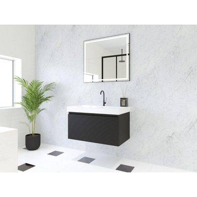 HR Matrix ensemble meuble de salle de bain 3d 80cm 1 tiroir sans poignée avec bandeau couleur noir mat avec vasque juste 1 trou pour robinet blanc