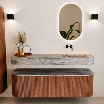 MONDIAZ THOR-DLUX 150cm meuble de salle de bains arrondi gauche + droite couleur Ruby avec 1 tiroir et 2 portes. Vasque suspendue CLOUD Droite sans trou de robinet couleur Sombra.