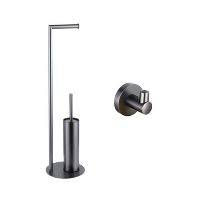 Fortifura Calvi vrijstaande toiletrolhouder met toiletborstel - met handoekhaak - Geborsteld Gunmetal PVD