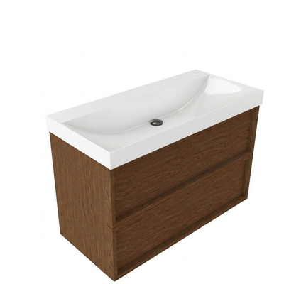 Saniclass Holz Frame Ensemble meuble de salle de bains - 100x45x67.5cm - Wave lavabo en céramique - 1 vasque - sans trou de robinetterie - 2 tiroirs - walnut pure mat (bois)
