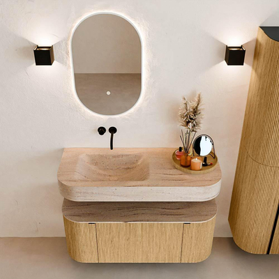 MONDIAZ THOR-DLUX 110cm badmeubel ronding links + rechts kleur Oak met 1 lade en 2 deuren. Vrijhangende wastafel CLOUD Links zonder kraangat kleur Saba.
