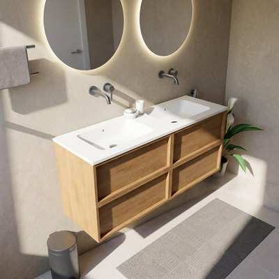 Saniclass Holz Frame Ensemble de meubles de salle de bains - 140x45x77.5cm - lavabo Torino en solid surface blanc - sans trou de robinet - 4 tiroirs - chêne natural mat (bois)