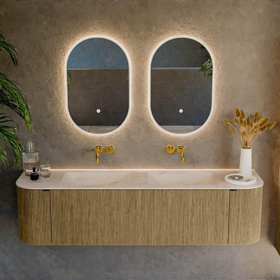 MONDIAZ KURVE-DLUX 170cm badmeubel ronding Links + Rechts kleur Dusk met 1 lade en 2 deuren. Wastafel LEAF Dubbel zonder kraangat Meli.