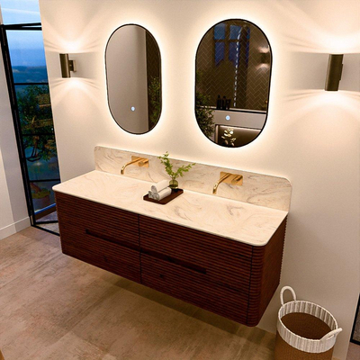 Mondiaz CIRO-DLUX Meuble de salle de bains - 150x45x50cm - Plan vasque en solid surface Ostra - 2 vasques Double - sans trous de robinetterie - 4 tiroirs - Ruby