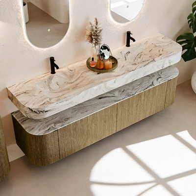 MONDIAZ THOR-DLUX 190cm meuble de salle de bains arrondi gauche + droite couleur Dusk avec 2 tiroirs et 2 portes. Vasque suspendue CLOUD Double 2 trous de robinet couleur Glace.