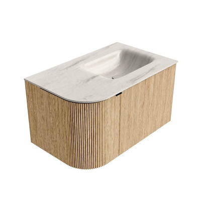 MONDIAZ KURVE-DLUX Meuble de salle de bains 75cm arrondi gauche couleur Oak avec 1 tiroir et 1 porte. Lavabo GRUNNE droit sans trou de robinet Meli.