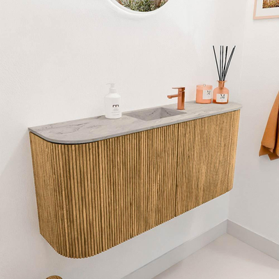 Mondiaz JOYA-DLUX 93.2cm toiletmeubel - ronding links en rechts kleur Oak - Wastafel FAYE positie Midden 1 kraangat kleur Glace.