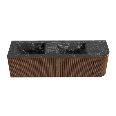 MONDIAZ KURVE-DLUX 155cm Meuble salle de bain avec module 25 D - couleur Walnut - 2 tiroirs - 1 porte - vasque LEAF double / gauche - sans trou de robinet - couleur Lava