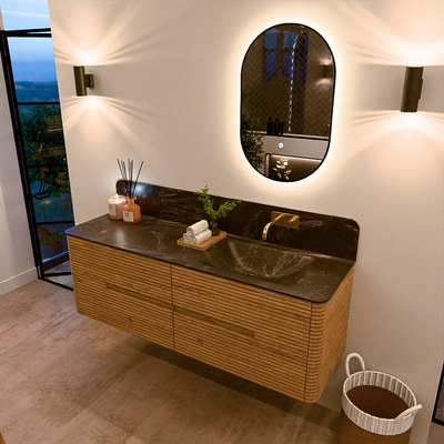 Mondiaz CIRO-DLUX Ensemble de meubles de salle de bains - 150x45x50cm - Lavabo solid surface Lava - 1 vasque à droite - sans trous de robinet - 4 tiroirs - Chêne