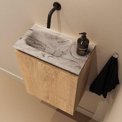 MONDIAZ TURE-DLUX Meuble toilette - 40cm - Washed Oak - EDEN - vasque Glace - position gauche - sans trou de robinet