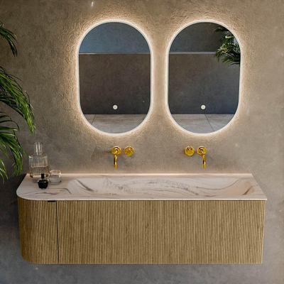 MONDIAZ KURVE-DLUX 145cm badmeubel ronding Links kleur Dusk met 1 lade en 1 deur. Wastafel BIG LARGE Rechts zonder kraangat Nata.