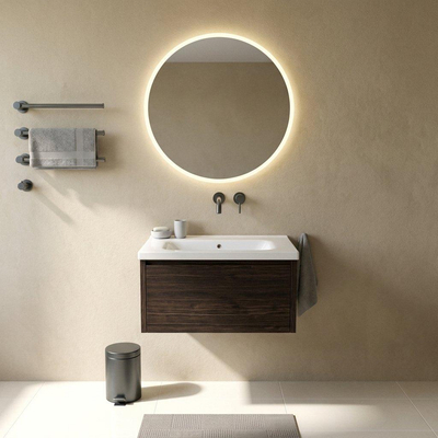 Saniclass Holz Frame Ensemble de meubles de salle de bains - 80x45x43.5cm - lavabo en céramique Palermo blanc - 1 vasque - sans trou de robinet - 1 tiroir - chêne charcoal mat (bois)