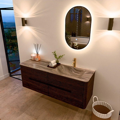 Mondiaz CIRO-DLUX Badkamermeubelset - 140x45x50cm - Solid surface wastafel Sombra - 1 wasbak Rechts - 1 kraangat - 4 lades - Walnut