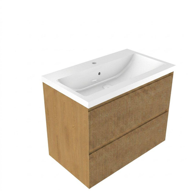 Saniclass Holz Atelier Ensemble meuble de salle de bains - 80x45x63.5cm - Lavabo Bari en céramique blanc - 1 vasque - 1 trou de robinetterie - 2 tiroirs - chêne natural mat (bois)