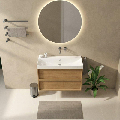 Saniclass Holz Frame Ensemble meuble de salle de bains - 100x45x67.5cm - Wave lavabo en céramique - 1 vasque - sans trou de robinet - 2 tiroirs - chêne natural mat (bois)