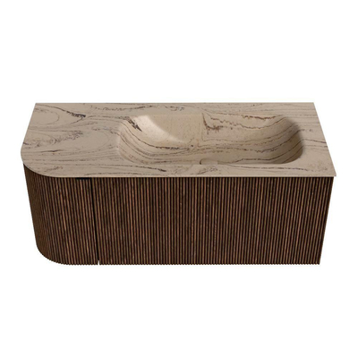 MONDIAZ KURVE-DLUX Meuble de salle de bains 105cm arrondi à gauche couleur Walnut avec 1 tiroir et 1 porte. Lavabo BIG SMALL à droite 1 trou de robinet Arena.