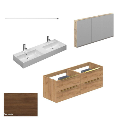 Thebalux wastafel model Cube 2x kom 2x kraangat + Type onderbouwkast 140x45x50cm opbouwgreep messing 4 softclose lades standaard greep MDF/spaanderplaat + spiegelkast model D + Type Tube opbouwverlichting sequoia SHOWROOMMODEL