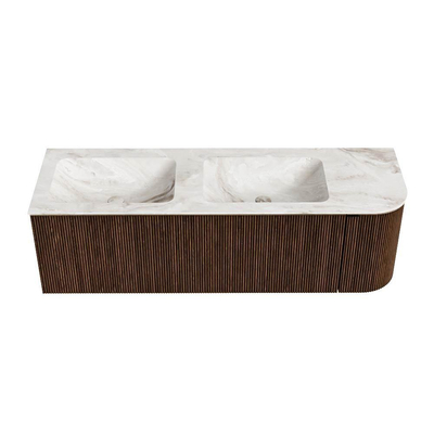 MONDIAZ KURVE-DLUX meuble de salle de bains 145cm avec module 25 R couleur Walnut avec 1 tiroir et 1 porte. Lavabo LEAF double / gauche 2 trous de robinet couleur Frappe.