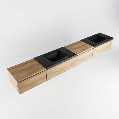 MONDIAZ BUKLA 280cm badmeubel met module 60 rechts kleur Washed Oak met 4 lades. Wastafel CLOUD dubbel 2 kraangaten kleur Urban.