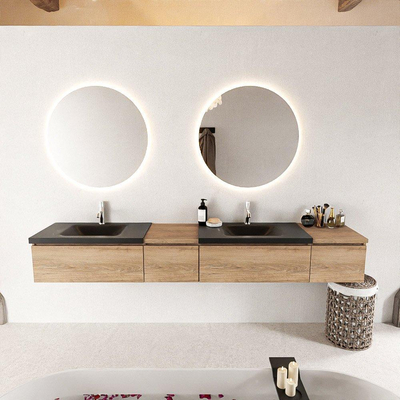 MONDIAZ BUKLA meuble de salle de bains 240cm avec module 40 gauche couleur Washed Oak avec 4 tiroirs. Lavabo CLOUD double 2 trous de robinet couleur Urban.
