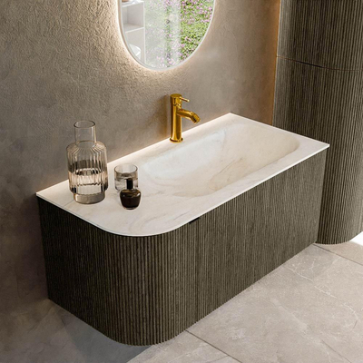 Mondiaz KURVE-DLUX Badkamermeubelset - 95x46x40cm - 1 lade - 1 deur - wastafel solid surface - rechts - 1 kraangat - Shadow