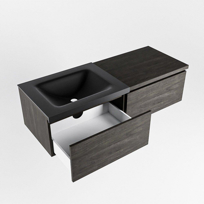 MONDIAZ BUKLA 120cm badmeubel met module 60 kleur Dark Brown met 2 lades. Wastafel CLOUD links 0 kraangaten kleur Urban.