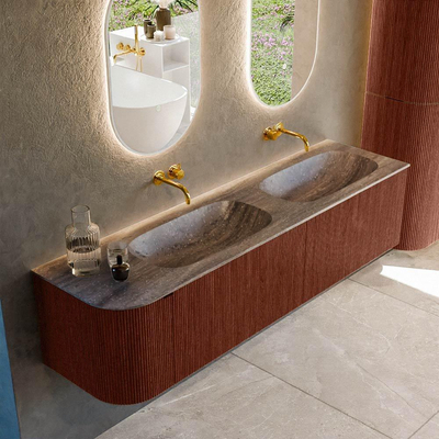 MONDIAZ KURVE-DLUX meuble de salle de bains 175cm arrondi à gauche couleur Ruby avec 2 tiroirs et 1 porte. Lavabo STOR SMALL Double / Droite sans trou de robinet Oza.