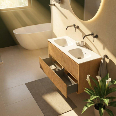 Saniclass Holz Atelier Ensemble de meubles de salle de bains - 120x45x61.5cm - lavabo Flow en solid surface blanc - 2 vasques - sans trous de robinetterie - 2 tiroirs - chêne natural mat (bois)