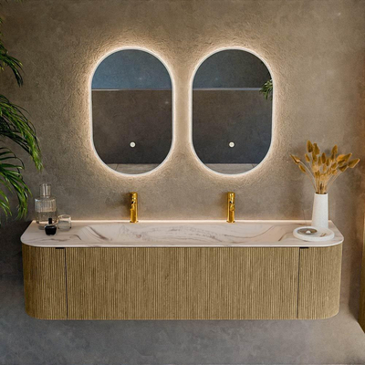 MONDIAZ KURVE-DLUX 170cm badmeubel ronding Links + Rechts kleur Dusk met 1 lade en 2 deuren. Wastafel BIG LARGE Midden 2 kraangaten Nata.