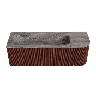 MONDIAZ KURVE-DLUX 135cm badmeubel ronding Rechts kleur Ruby met 1 lade en 1 deur. Wastafel BIG MEDIUM Links zonder kraangat Oza.