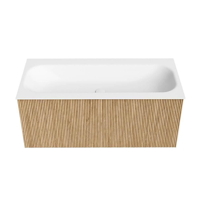 MONDIAZ KURVE Meuble de salle de bains 100 cm couleur chêne avec 1 tiroir. Lavabo BIG MEDIUM central sans trou de robinet Talc.