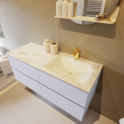 Mondiaz VICA-DLUX Ensemble meuble de salle de bains - 120cm - chaux - 4 tiroirs - Lavabo encastré CLOUD - droite - 1 trou de robinet - couleur Frappe - Version XL 60cm de haut