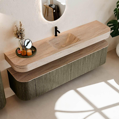 MONDIAZ THOR-DLUX Meuble de salle de bains - 190cm - arrondi gauche + droite - couleur Shadow - 2 tiroirs - 2 portes - Vasque suspendue CLOUD Milieu 1 trou de robinet couleur Saba