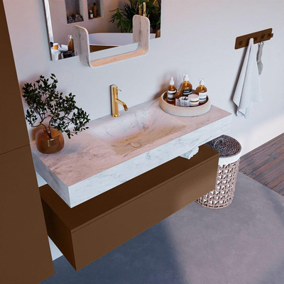 Mondiaz ALAN-DLUX Ensemble de meuble - 110cm - meuble Rust mat - 1 tiroir - Lavabo Cloud Opalo suspendu - vasque Centre - 1 trou de robinet