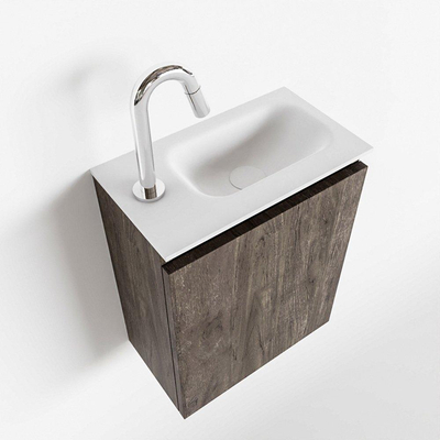 MONDIAZ TURE Kit lave-mains - 40x23x50cm - 1 trou de robinet - 1 porte - marron foncé mat - Lavabo à droite - Solid Surface Blanc