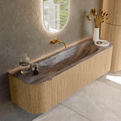 MONDIAZ KURVE-DLUX 160cm badmeubel ronding Links + Rechts kleur Oak met 1 lade en 2 deuren. Wastafel BIG MEDIUM Midden zonder kraangat Oza.