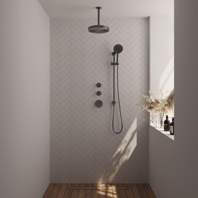 BRAUER Stripe Thermostatische Inbouw Regendouche - SET 12 - 25cm douchekop - plafondarm - 3-standen handdouche - doucheslang - geïntegreerde glijstang - gunmetal geborsteld PVD